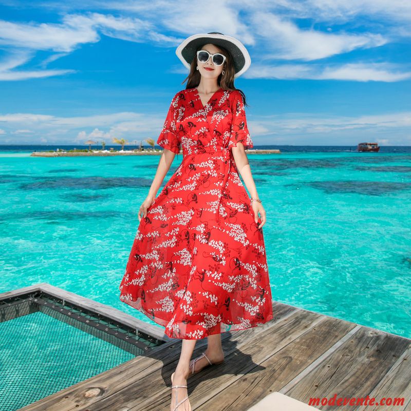 Robes Femme Vacances Grande Taille Plage Été Mousseline De Soie Impression Rouge