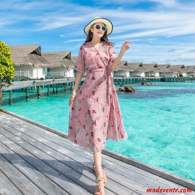 Robes Femme Vacances Grande Taille Plage Été Mousseline De Soie Impression Rouge