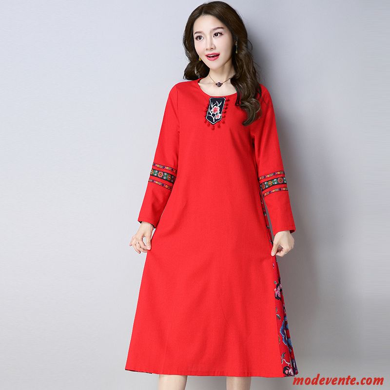 Robes Femme Épissure Baggy Fleur Style National Longues Grande Taille Rouge