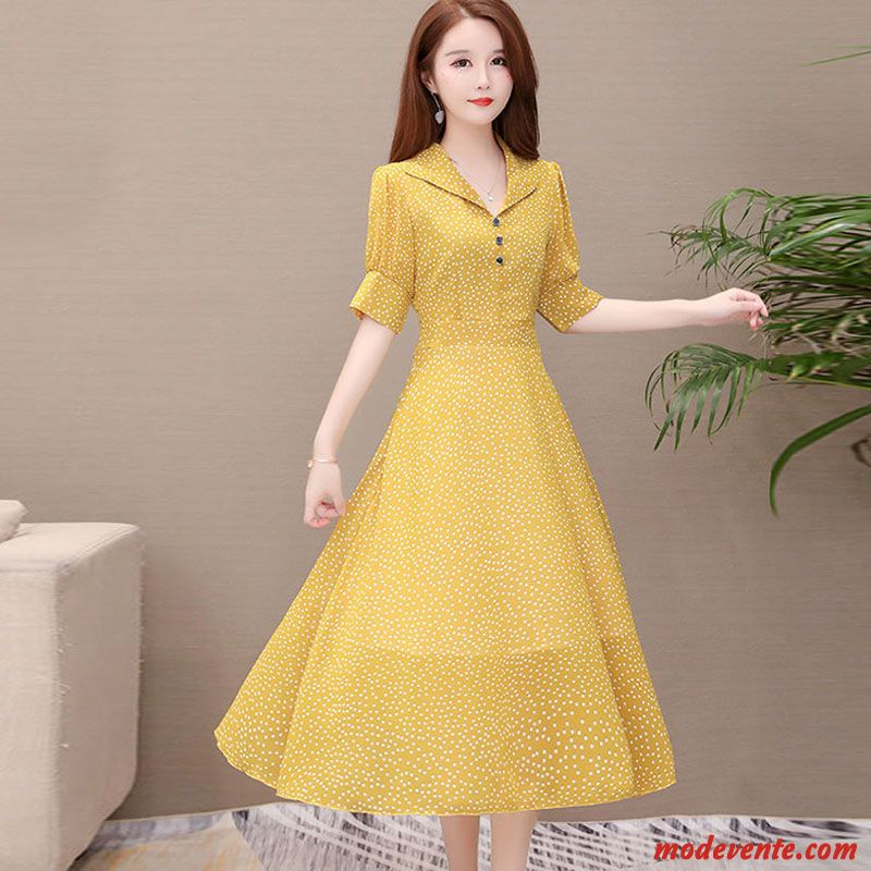 Robes Femme Été Point D'onde Mousseline De Soie Longue Tempérament Grande Taille Jaune