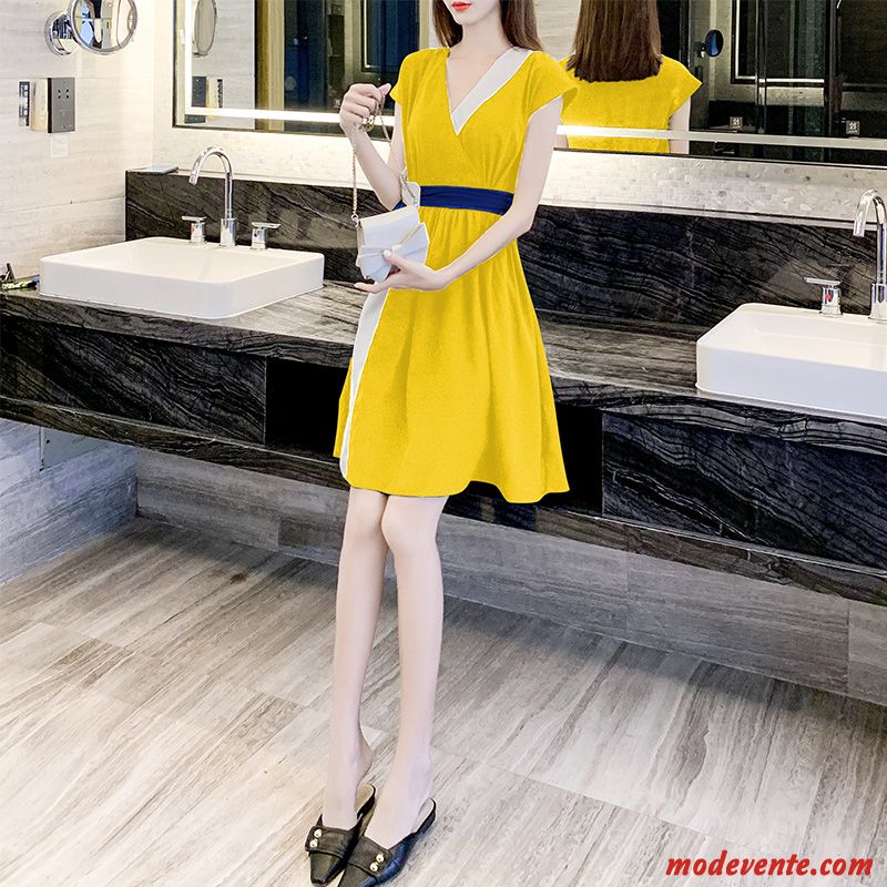 Robes Femme Été Tempérament Ultra Nervurées Clair La Mode Bleu Jaune