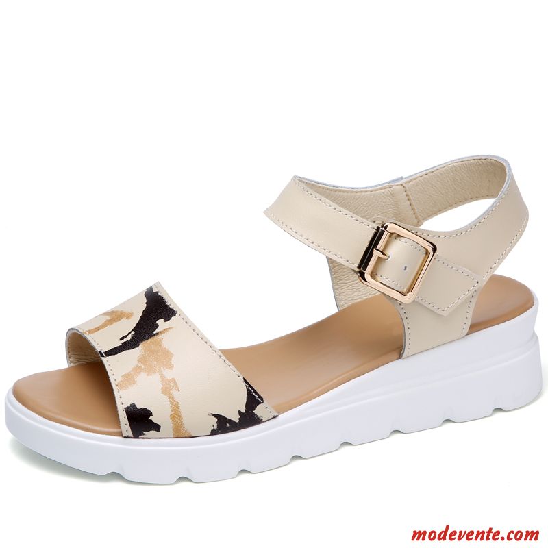 Sandales Femme Cuir Véritable Antidérapant Talons Compensés Talon Moyen Étudiant Tous Les Assortis Blanc