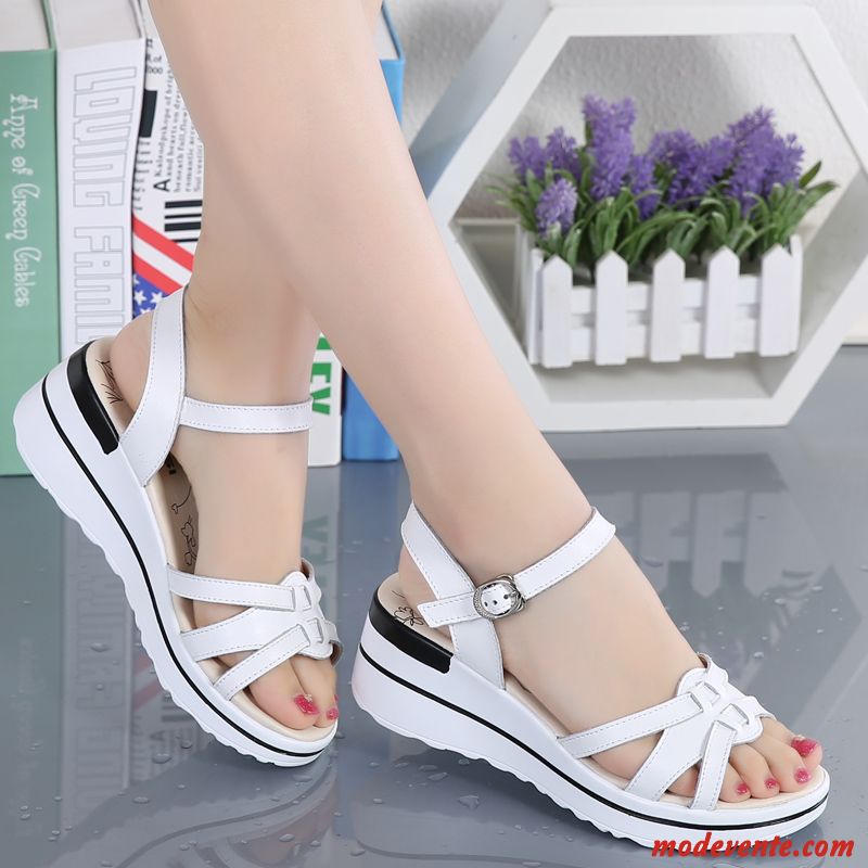 Sandales Femme Cuir Véritable Chaussures Plateforme Mode Talon Moyen Été Tous Les Assortis Blanc