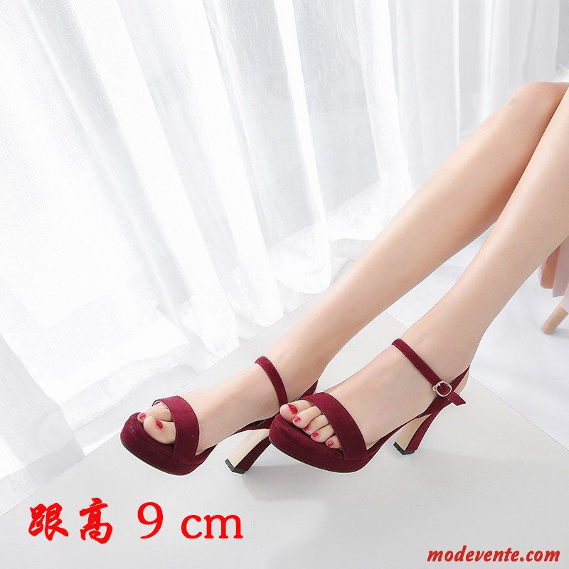 Sandales Femme Gros Talons Hauts Plateforme Étanche Peau De Mouton Escarpins Rouge