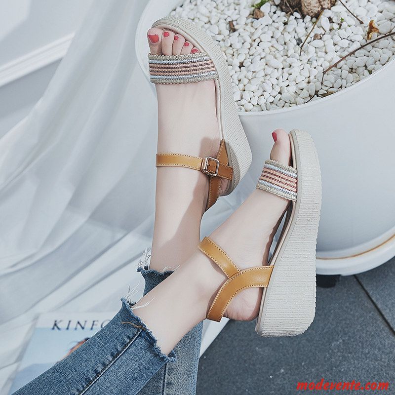Sandales Femme Wedge Shoes Tous Les Assortis Semelle Épaisse Rétro Rome Été Marron