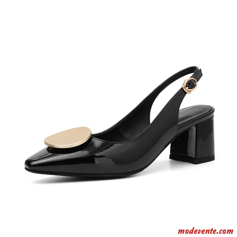 Sandales Femme Épais Pointe Pointue Cuir Verni Escarpins Été Noir Or