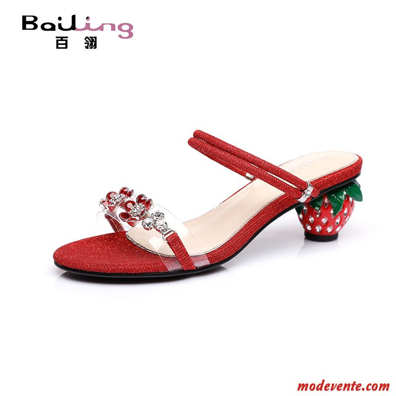 Sandales Femme Été Talon Moyen Mode Imitation Strass Épais Tongs Chaussons Rouge