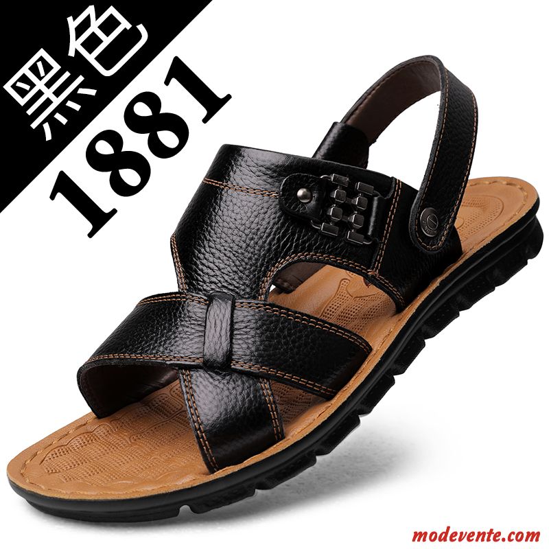 Sandales Homme Cuir Véritable En Cuir Semelle Doux Tongs Chaussons Tendance Été Marron