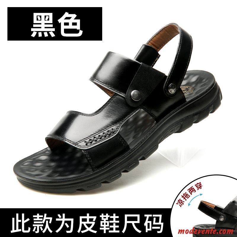 Sandales Homme Cuir Véritable En Cuir Été Semelle Doux Tongs Chaussons Décontractée Brun