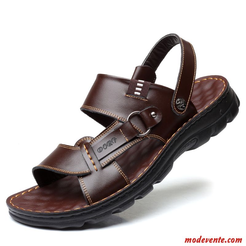 Sandales Homme Cuir Véritable Semelle Doux Semelle Épaisse Été Antidérapant Plage Noir