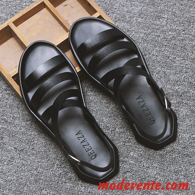 Sandales Homme Cuir Véritable Tendance Outwear Mode De Plein Air Ouverture Du Pied Noir