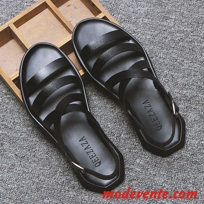 Sandales Homme Cuir Véritable Tendance Outwear Mode De Plein Air Ouverture Du Pied Noir
