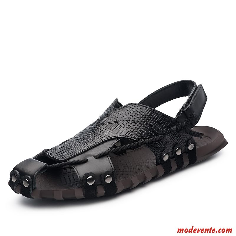 Sandales Homme Décontractée Rome Tongs Chaussons Cuir Tendance Été Noir