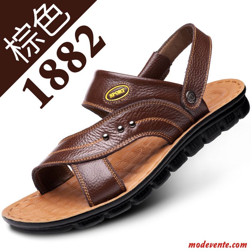 Sandales Homme Plage Semelle Doux Été Tongs Chaussons Grande Taille En Cuir Brun