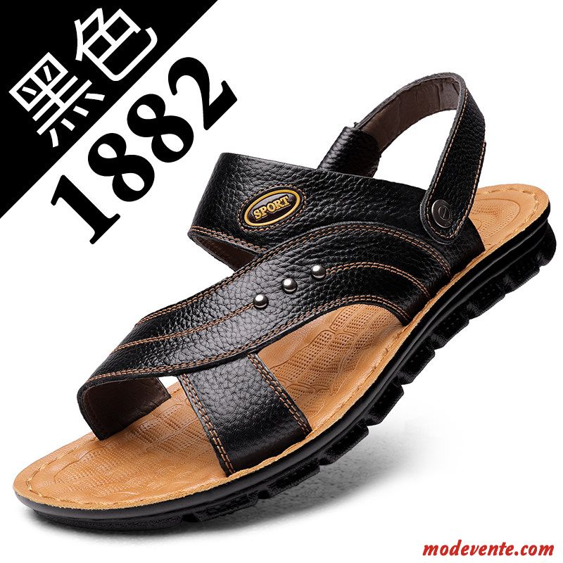 Sandales Homme Plage Semelle Doux Été Tongs Chaussons Grande Taille En Cuir Brun