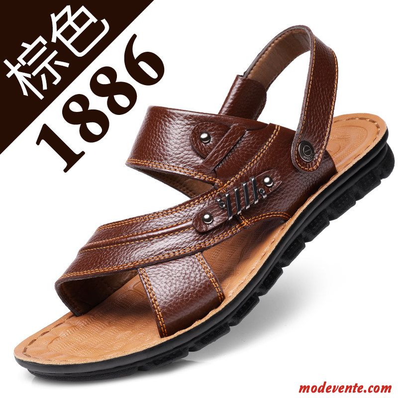 Sandales Homme Plage Semelle Doux Été Tongs Chaussons Grande Taille En Cuir Brun