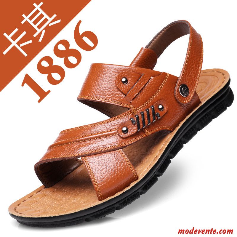 Sandales Homme Plage Semelle Doux Été Tongs Chaussons Grande Taille En Cuir Brun