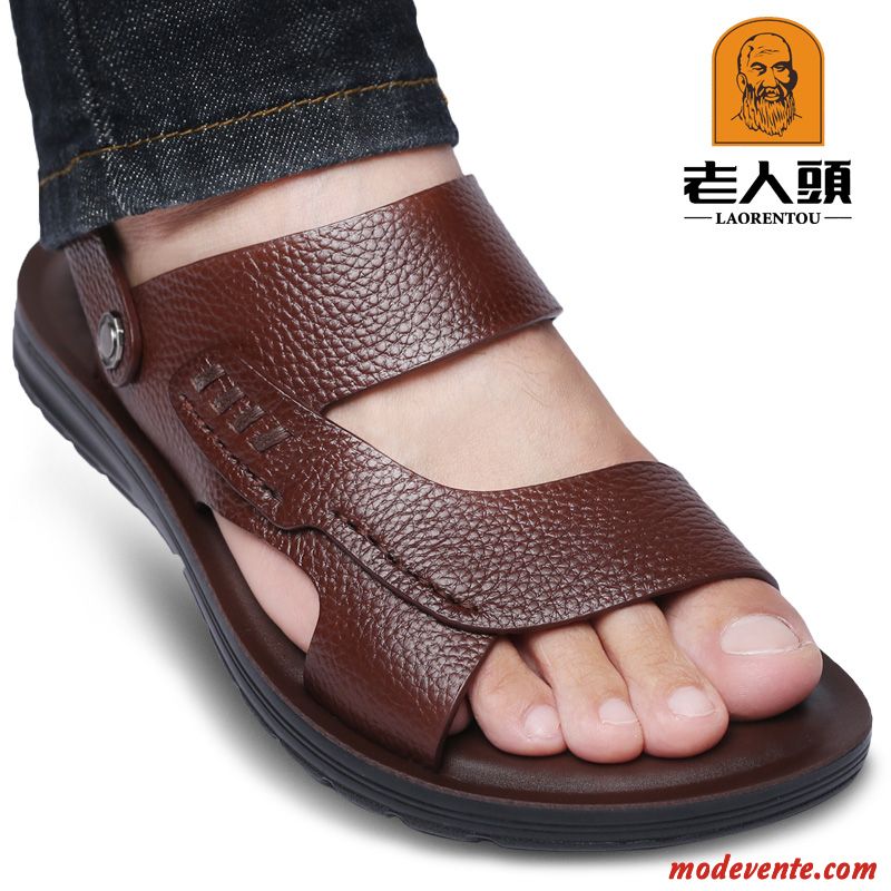 Sandales Homme Plage Été Décontractée Tongs Chaussons Cuir Véritable Antidérapant Noir