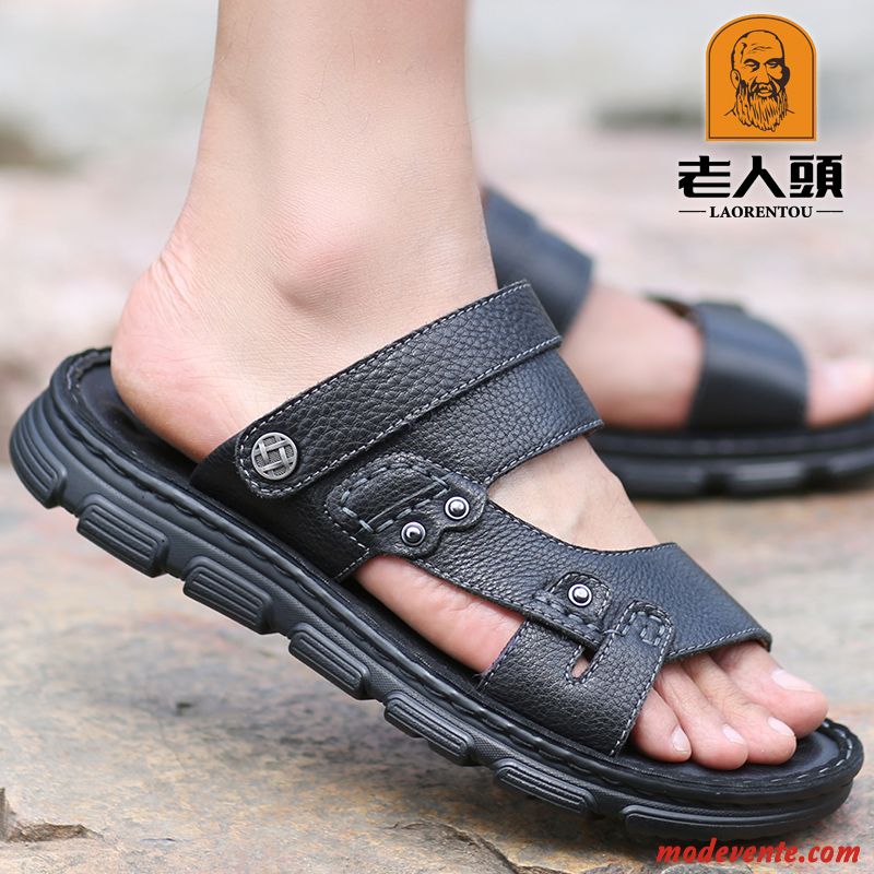 Sandales Homme Plage Été Décontractée Tongs Chaussons Cuir Véritable Antidérapant Noir