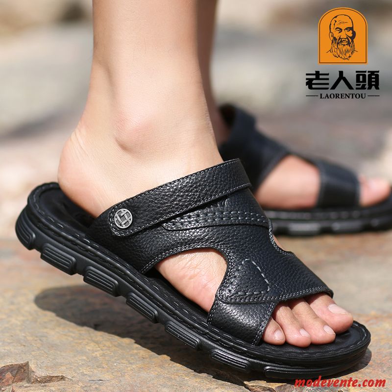 Sandales Homme Plage Été Décontractée Tongs Chaussons Cuir Véritable Antidérapant Noir