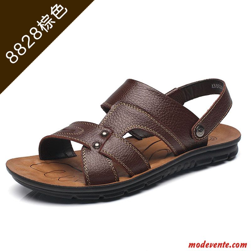 Sandales Homme Plage Été Tongs Chaussons Décontractée Cuir Véritable Semelle Doux Brun