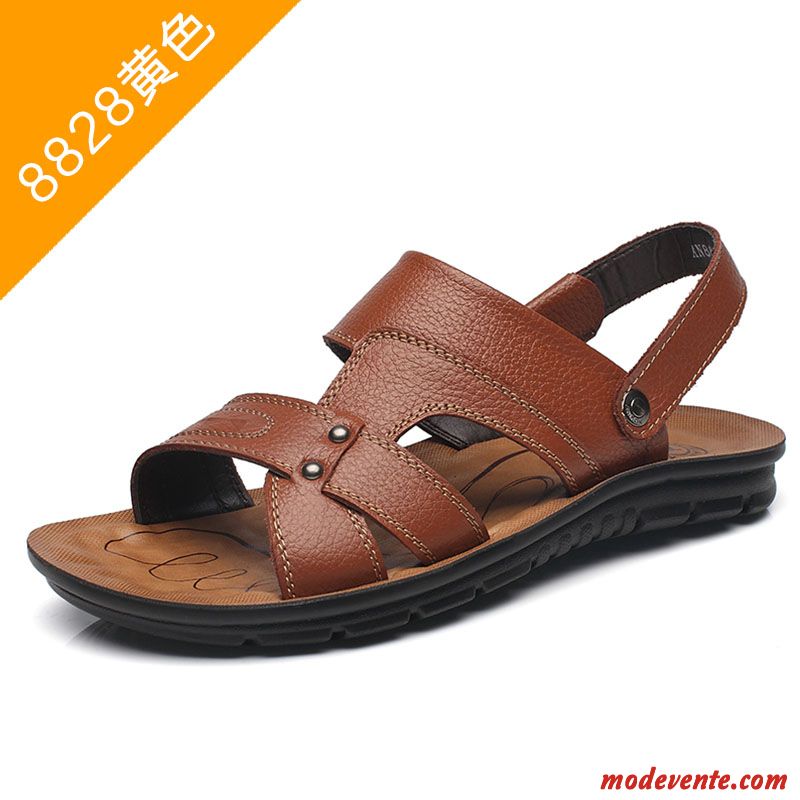 Sandales Homme Plage Été Tongs Chaussons Décontractée Cuir Véritable Semelle Doux Brun