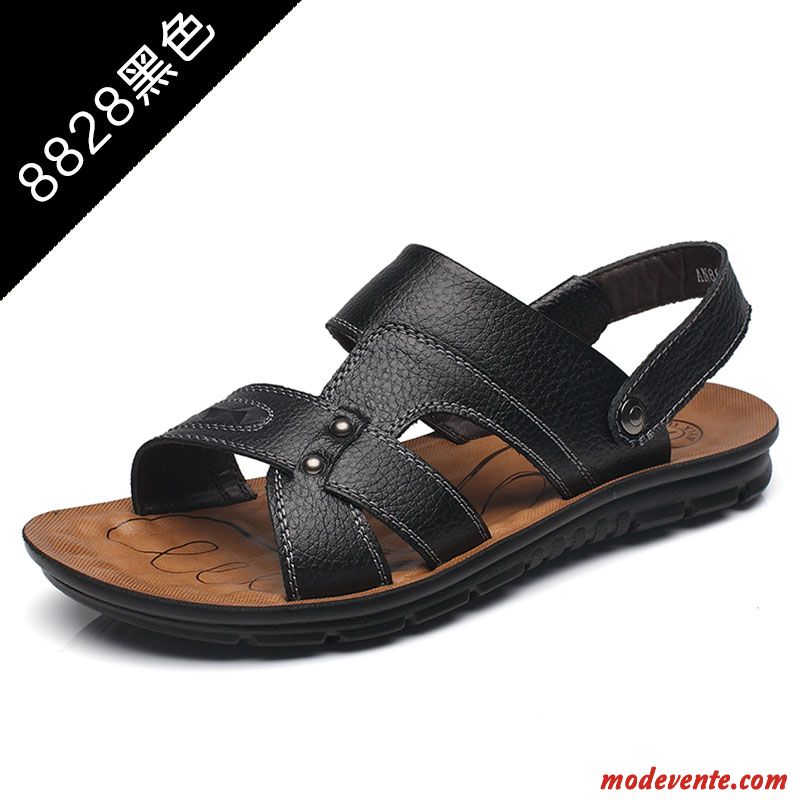 Sandales Homme Plage Été Tongs Chaussons Décontractée Cuir Véritable Semelle Doux Brun