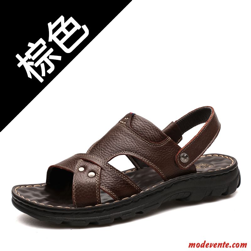 Sandales Homme Tongs Chaussons Plage Antidérapant Cuir Véritable Décontractée Été Marron