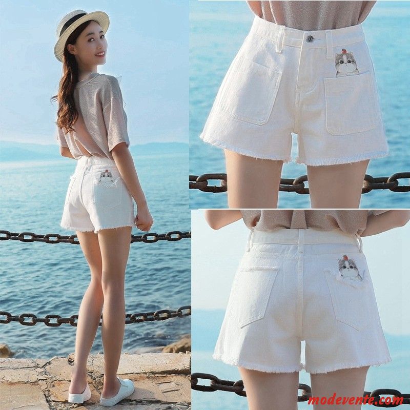 Shorts Femme Baggy Bord Grande Taille Décontractée Denim Haute Cintrée Blanc