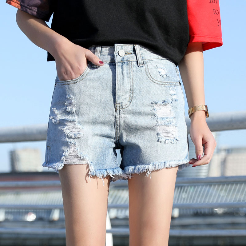 Shorts Femme Baggy Des Trous Outwear Été Pantalon Chaud A Lettre Bleu Rouge