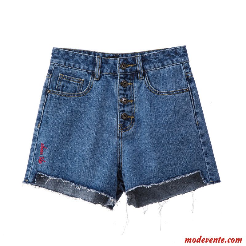 Shorts Femme Baggy Haute Cintrée Irrégulier Bord Été Denim Bleu Foncé