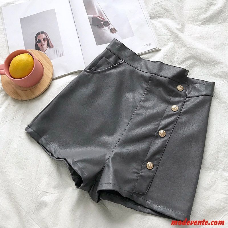 Shorts Femme Cuir Irrégulier Mode A Lettre Bouton À Une Rangée Haute Cintrée Brun Foncé