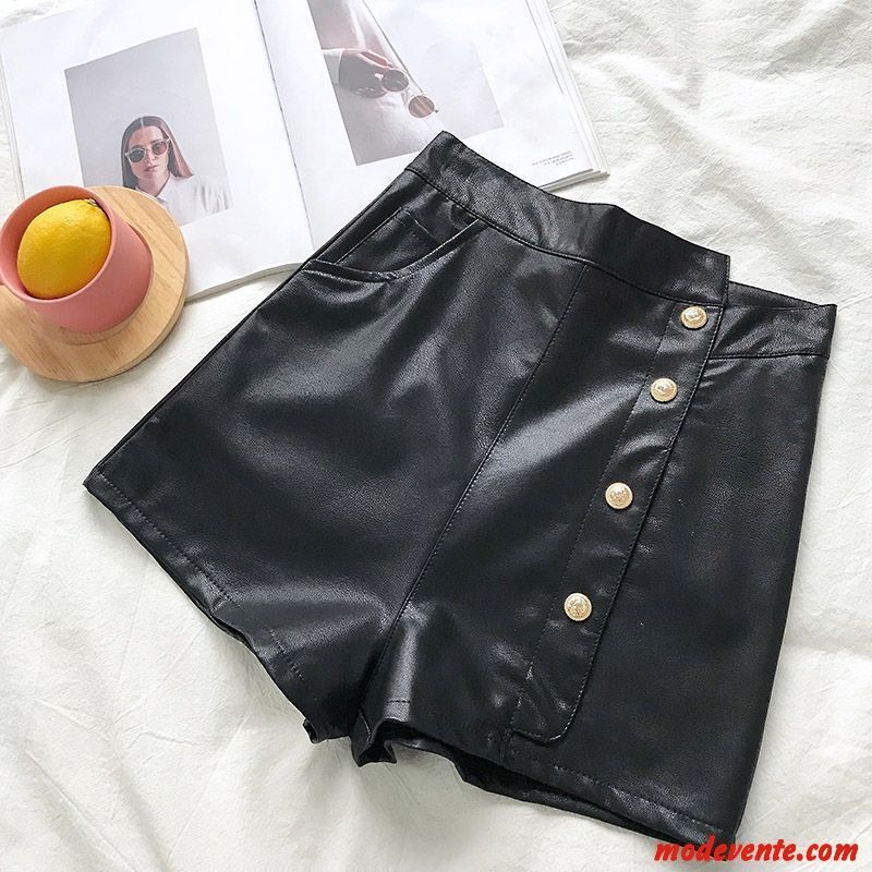 Shorts Femme Cuir Irrégulier Mode A Lettre Bouton À Une Rangée Haute Cintrée Brun Foncé