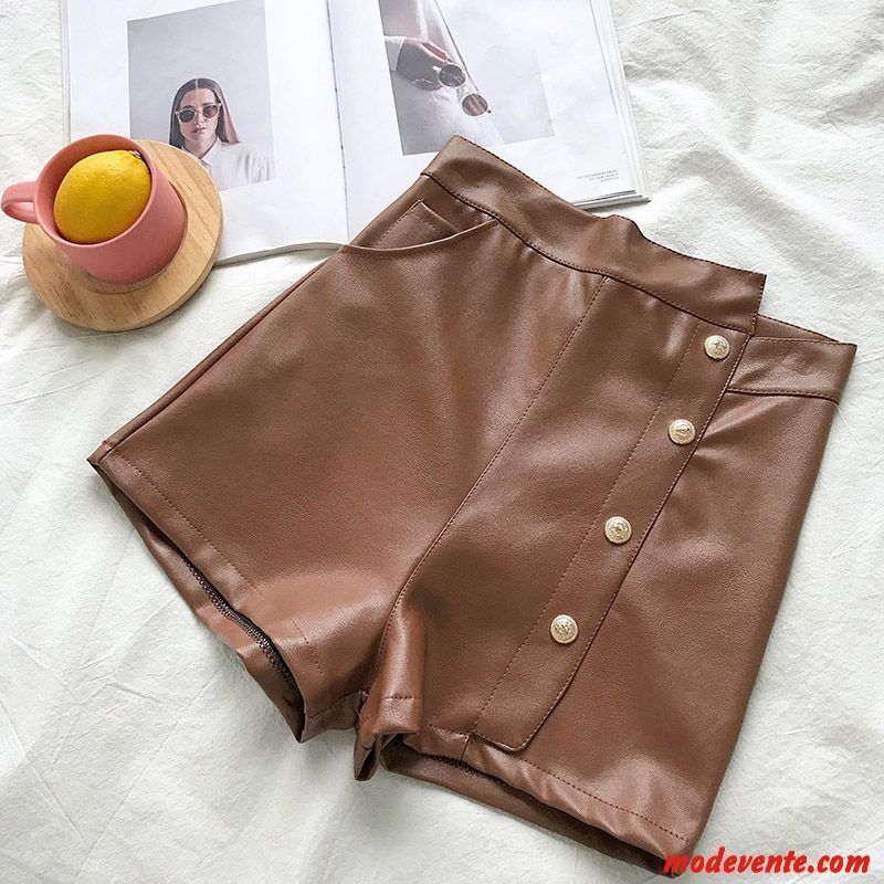 Shorts Femme Cuir Irrégulier Mode A Lettre Bouton À Une Rangée Haute Cintrée Brun Foncé