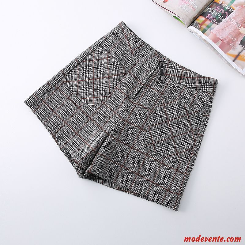 Shorts Femme Fermeture Éclair Poche Carreaux Mince Haute Cintrée Été Gris Clair