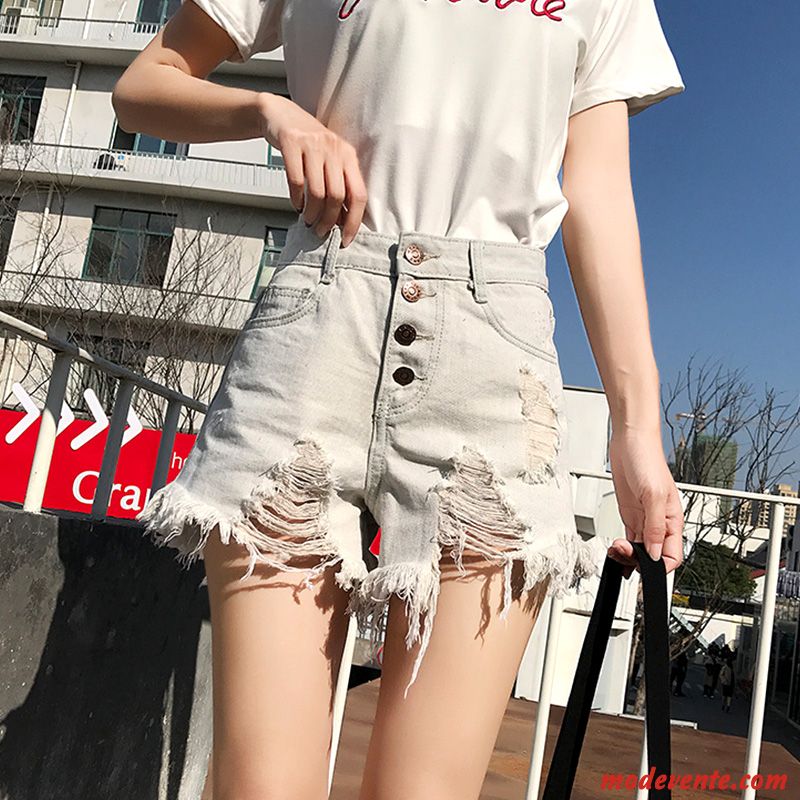 Shorts Femme Jambe Droite Baggy Printemps Été Denim Troués Gris