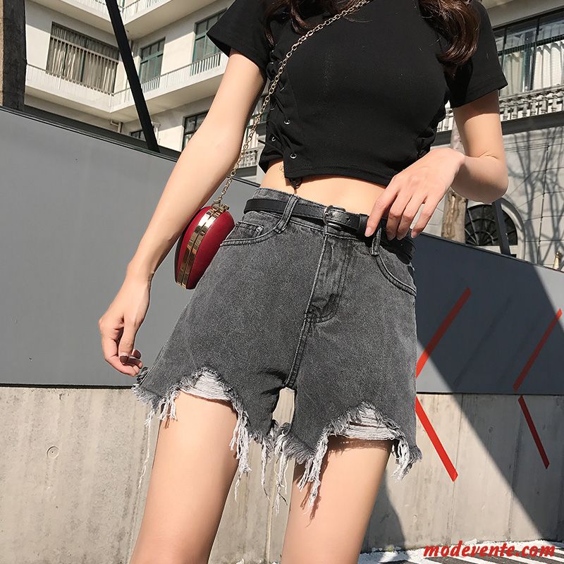 Shorts Femme Jambe Droite Baggy Printemps Été Denim Troués Gris