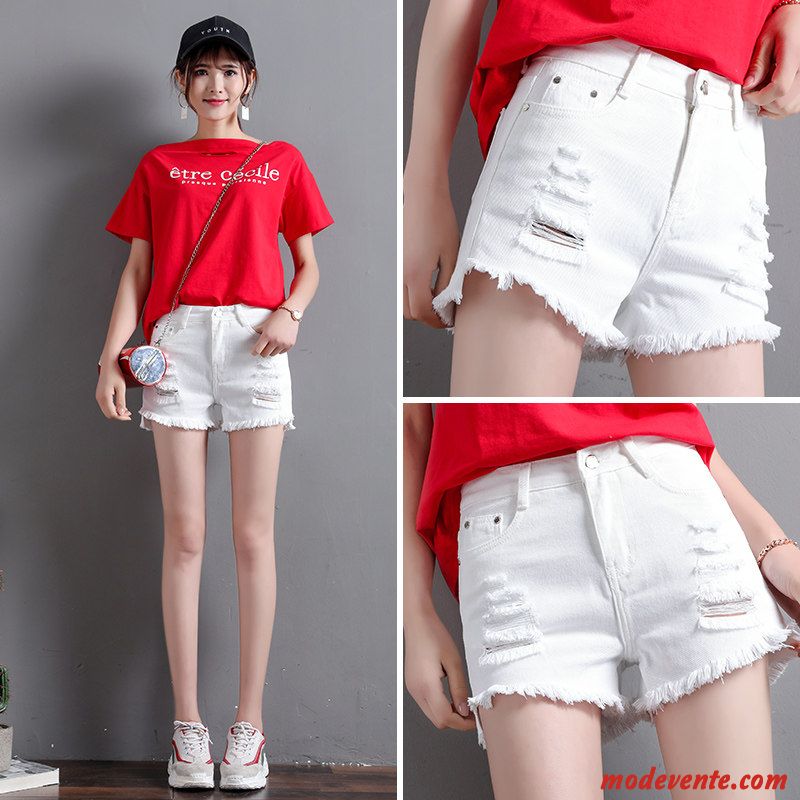 Shorts Femme Mince Baggy Été Denim Pantalon Chaud Haute Cintrée Blanc Rouge