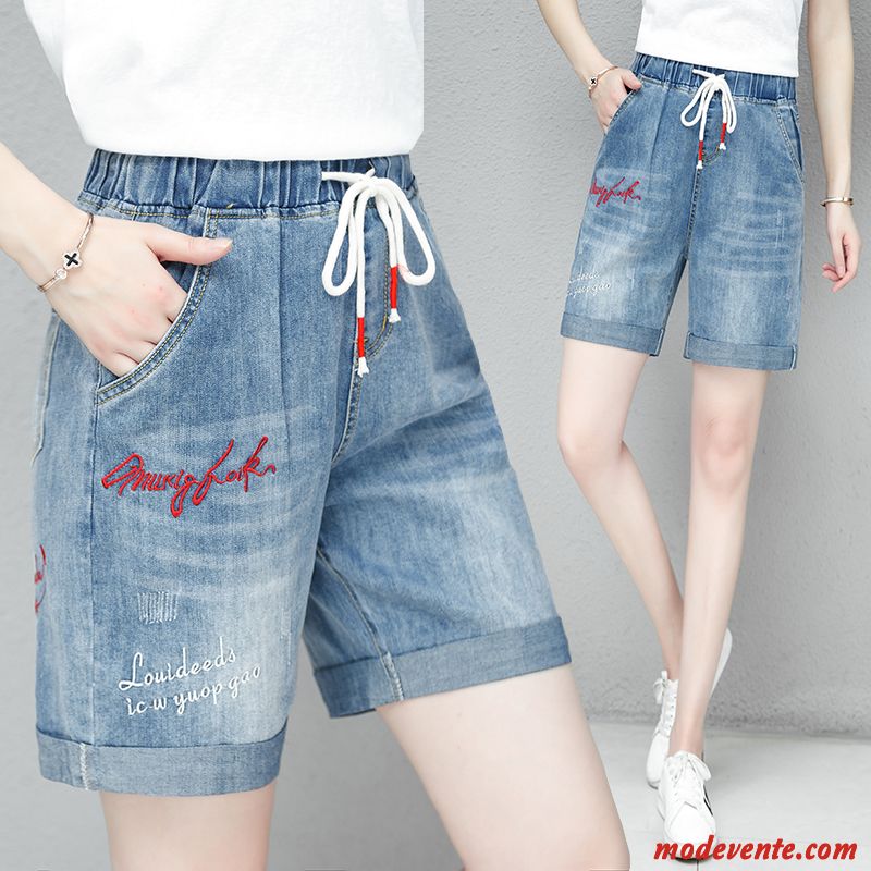 Shorts Femme Mode Baggy Denim Jambe Droite Élastique Mince Bleu