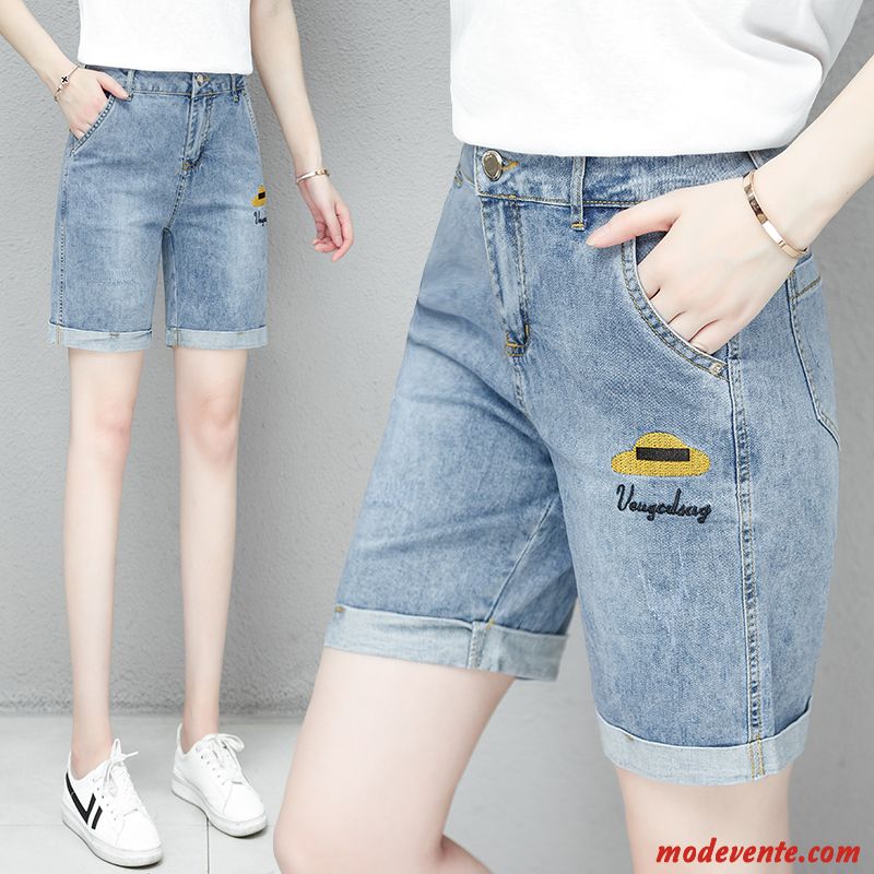 Shorts Femme Mode Baggy Denim Jambe Droite Élastique Mince Bleu