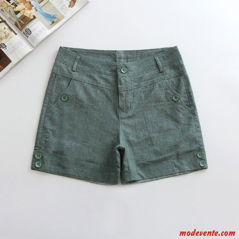 Shorts Femme Pantalon Chaud Été Légère Bouton Mince Lin Vert