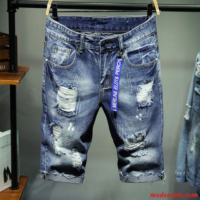 Shorts Homme Baggy Denim Tendance Troués Été Cinquième Pantalon Bleu