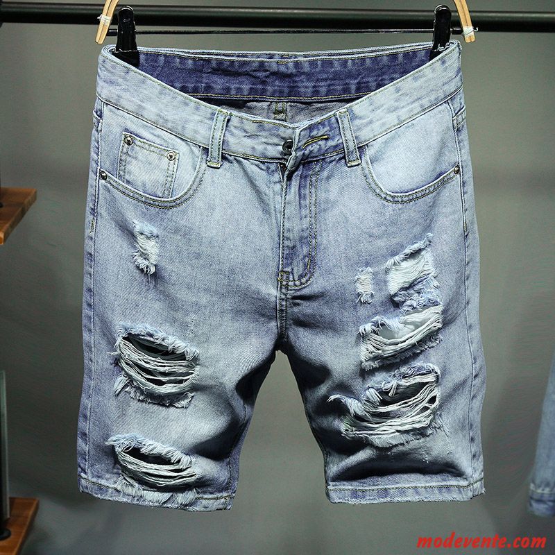 Shorts Homme Baggy Denim Tendance Troués Été Cinquième Pantalon Bleu