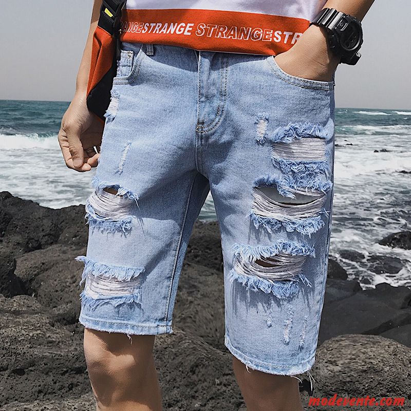 Shorts Homme Des Trous Dans Les Jeans Baggy Cinquième Pantalon Marque De Tendance Jambe Droite Été Bleu