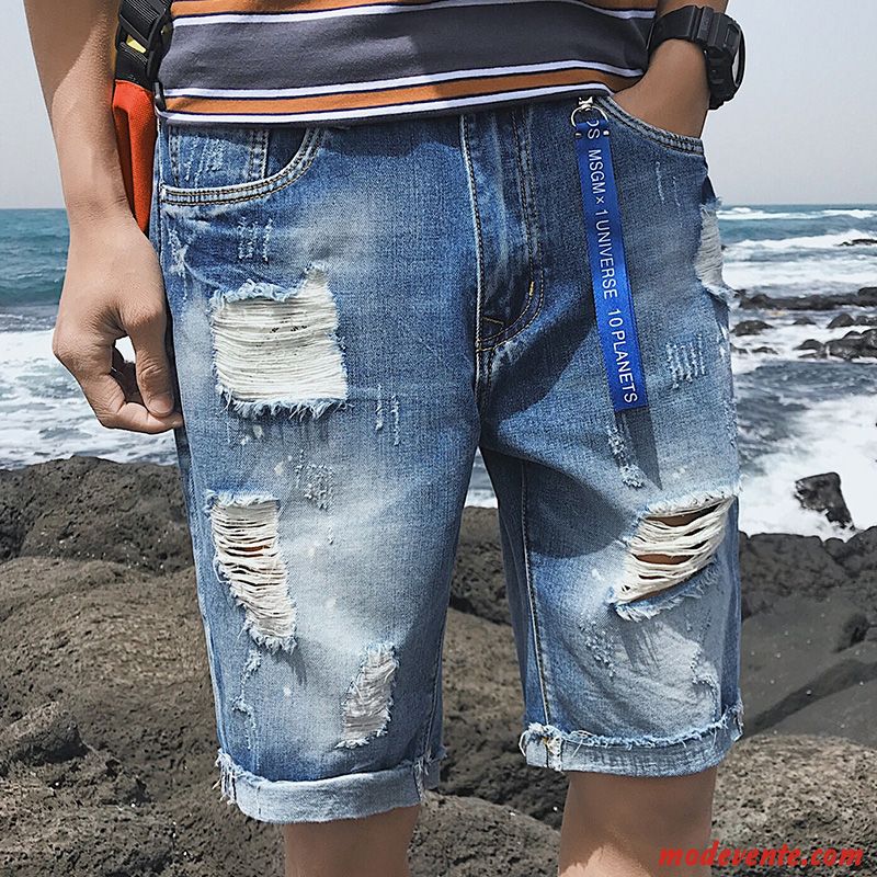 Shorts Homme Des Trous Dans Les Jeans Baggy Cinquième Pantalon Marque De Tendance Jambe Droite Été Bleu