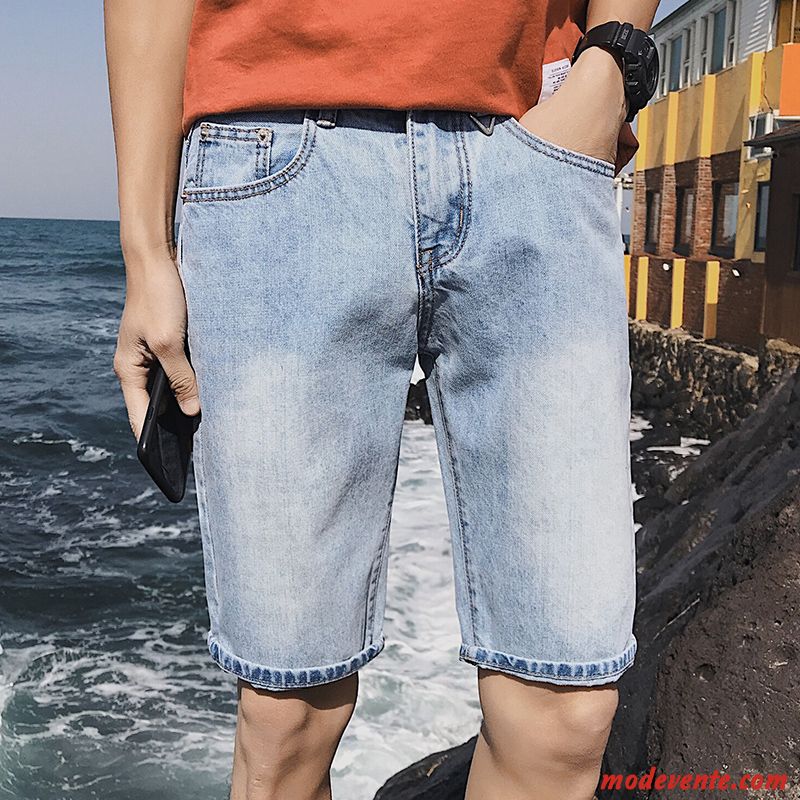 Shorts Homme Des Trous Dans Les Jeans Baggy Cinquième Pantalon Marque De Tendance Jambe Droite Été Bleu