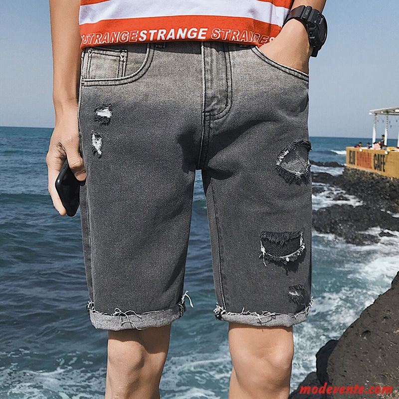 Shorts Homme Des Trous Dans Les Jeans Baggy Cinquième Pantalon Marque De Tendance Jambe Droite Été Bleu