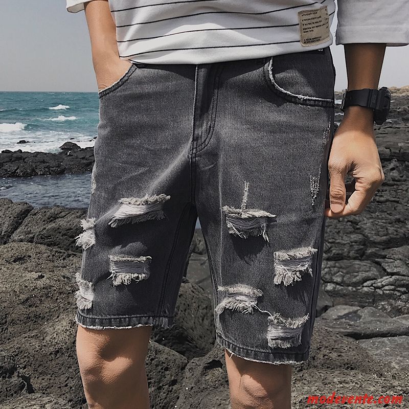 Shorts Homme Des Trous Dans Les Jeans Baggy Cinquième Pantalon Marque De Tendance Jambe Droite Été Bleu