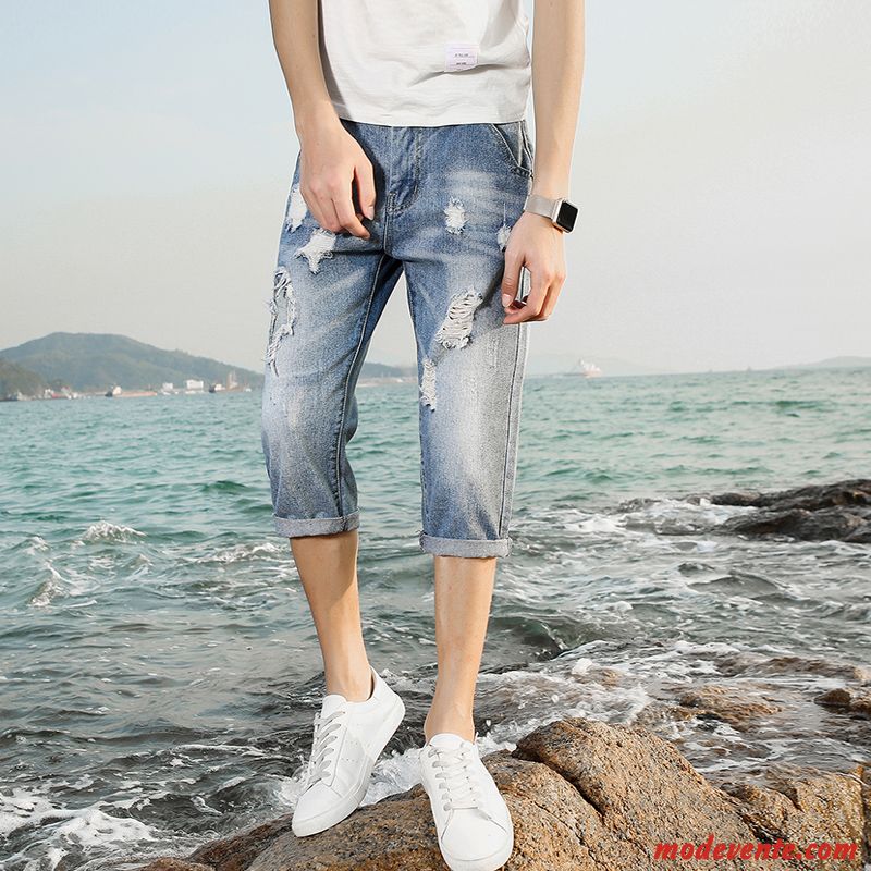 Shorts Homme Des Trous Dans Les Jeans Tendance Été Septième Pantalon Légère Slim Bleu Clair