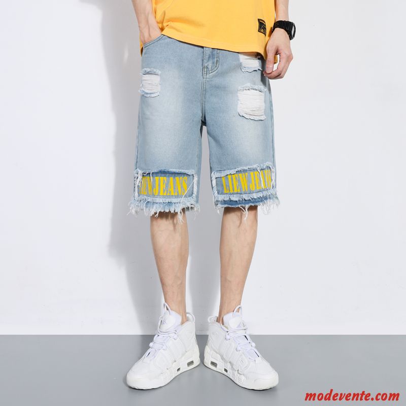 Shorts Homme Grande Taille Denim Été Troués Jaune